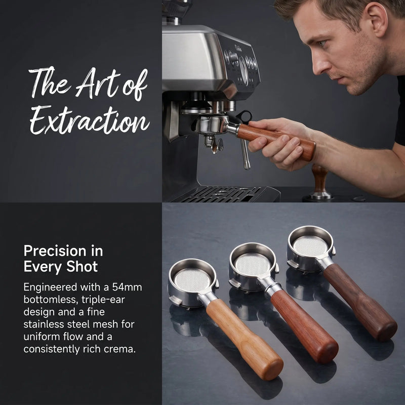 Kolba bez dna 54 mm do Breville BES870/878/880 — Drewniany uchwyt — ekstrakcja