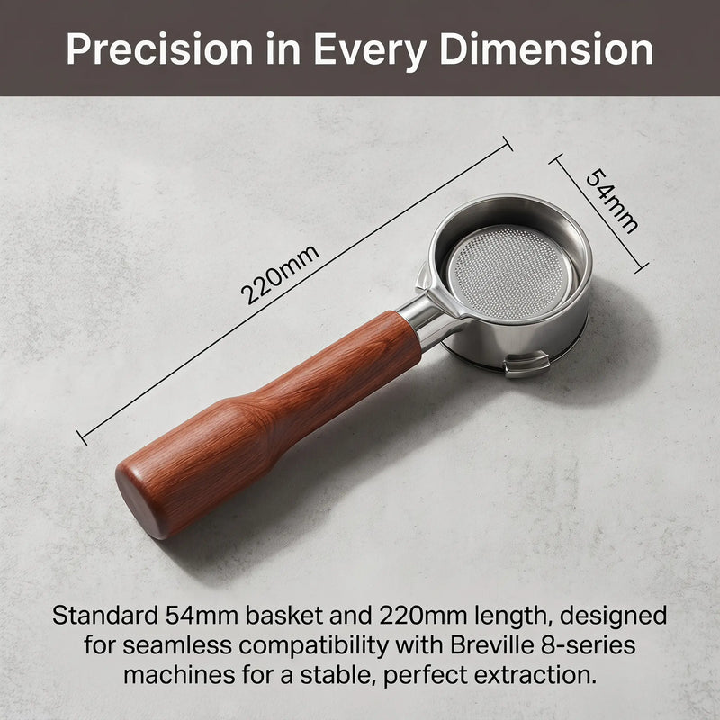 Kolba bezdenna 54mm do Breville BES870/878/880 — Rękojeść drewniana — wymiary