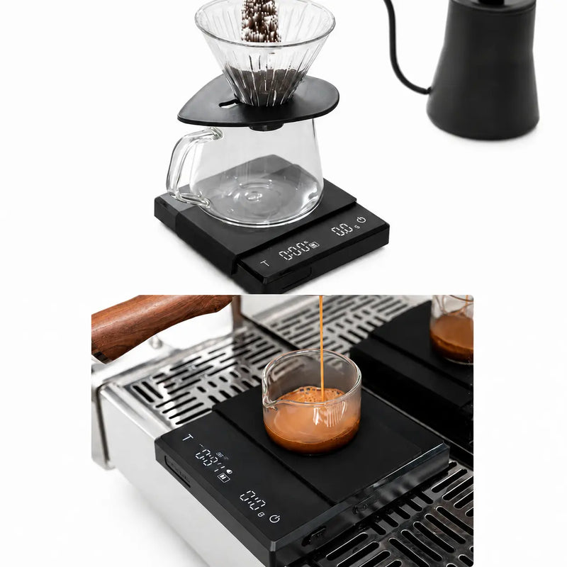 Yozcoffee Waga do kawy z timerem 2 kg cyfrowa z możliwością ładowania, czarno-biała – waga do kawy z timerem w użyciu