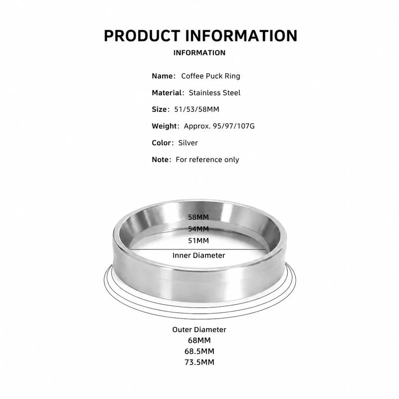 Yozcoffee Lejek dozujący espresso 51/53/58mm Magnetyczny Stal nierdzewna Srebrny – tabela rozmiarów 51mm 53mm 58mm
