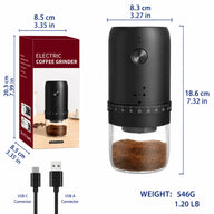 Elektryczny młynek do kawy akumulatorowy – 40 ustawień, żarno ceramiczne – wymiary, waga kawy USB